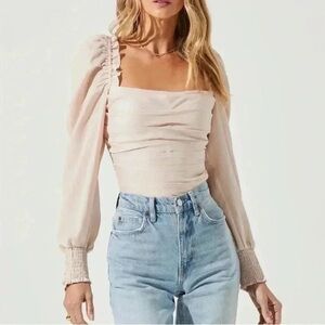 NEW ASTR The Label Puff Long Sleeve Blouse Off Shoulder Blush Sz XL Smocked NWT